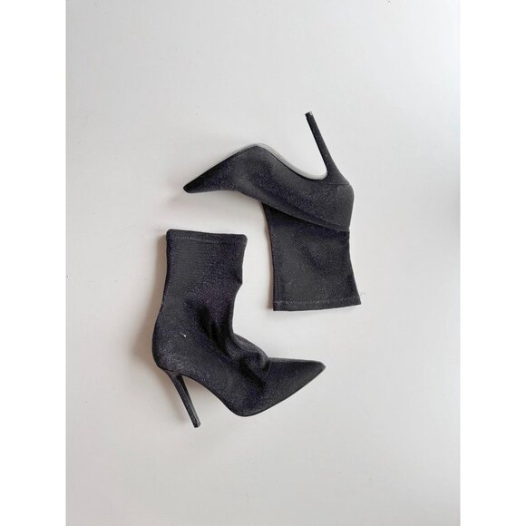 LIU JO Metallic Black Stretch Knit Mid Calf Pointed Toe Sock Boots, Size 40 - Picture 1 of 12